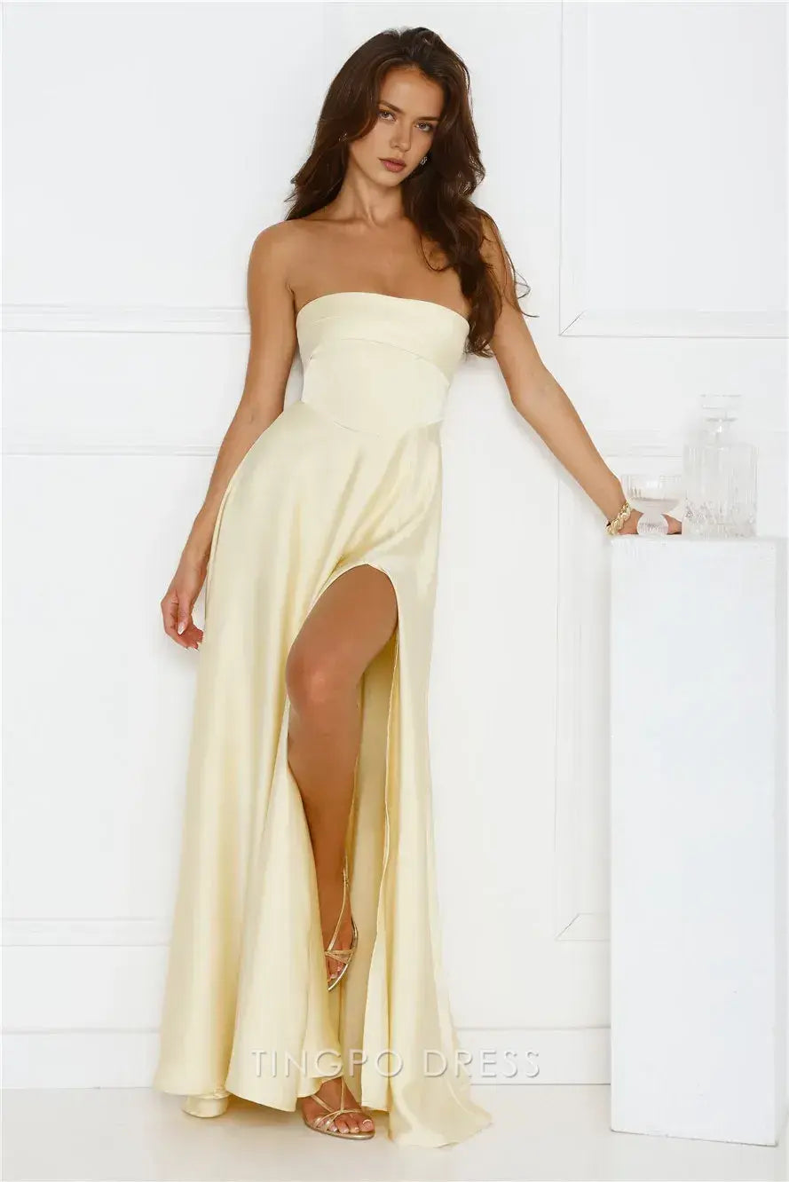 Vintage A-Line Off the Shoulder Sleeveless Back Zip Floor-Length Side Slit prom dress